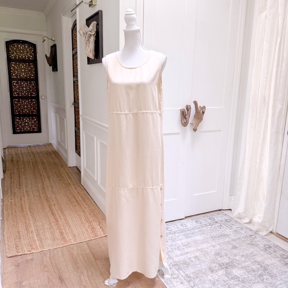 AKS 100% Tencel Lyocell Maxi Dress Sleeveless Side Button Slit Cream M